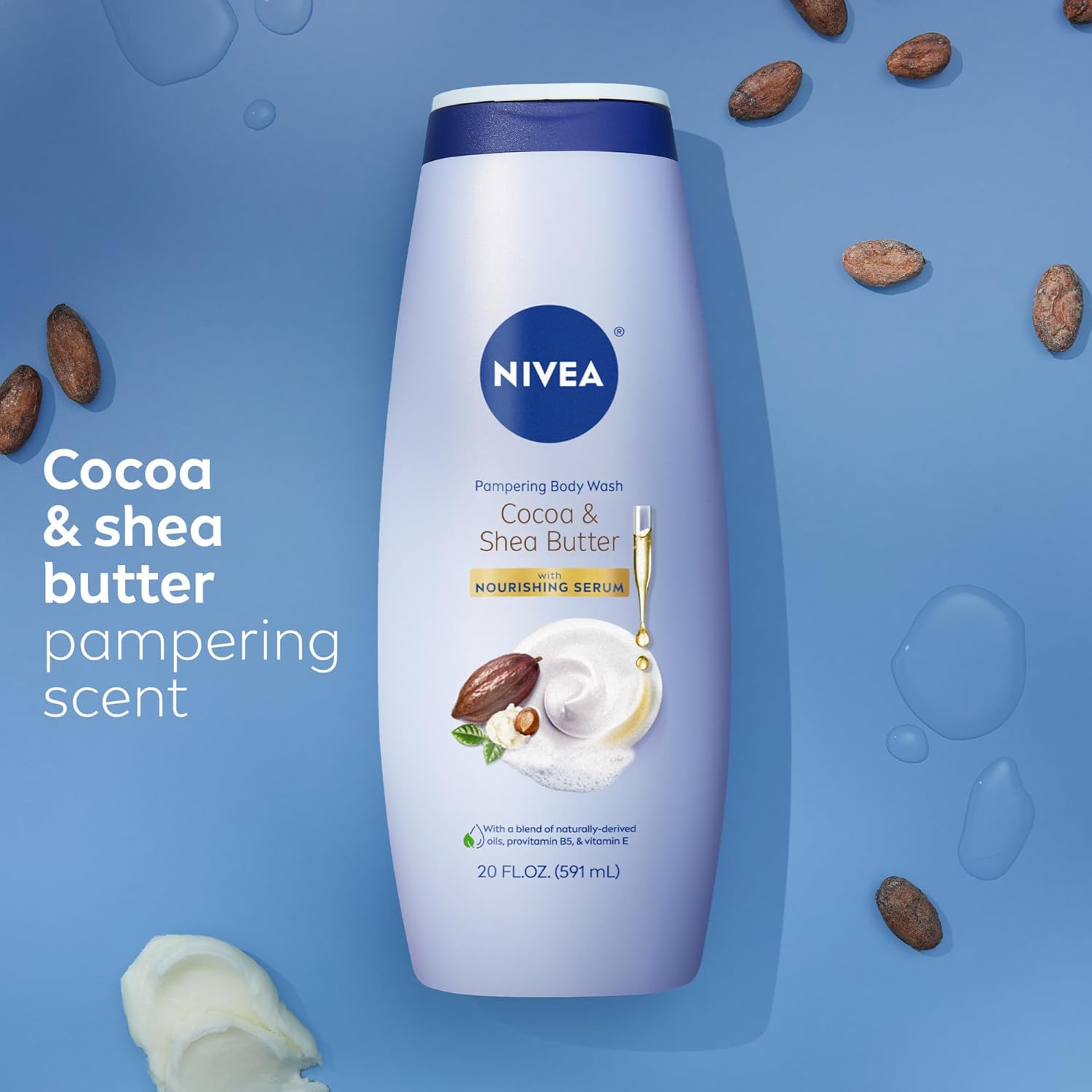 NIVEA Pampering Cocoa and Shea Butter Body Wash with Nourishing Serum, Moisturizing Body Wash for Women, Enriched with Provitamin B5 and Vitamin E, 20 Fl Oz Bottle