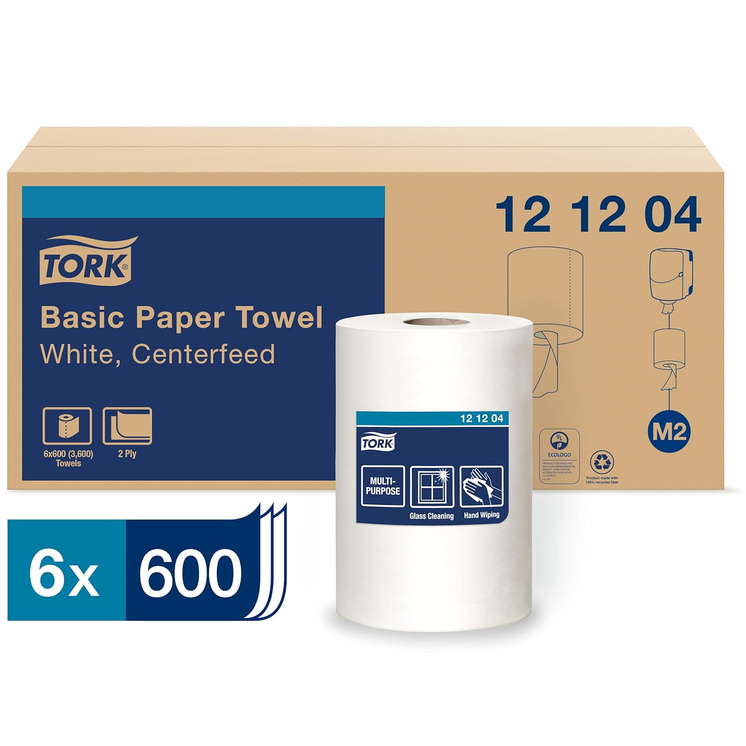 Tork Centerfeed Wall Mounted Dispenser White - M2 + Refill - Centerfeed Hand Towel White, 6 x 600 Sheets