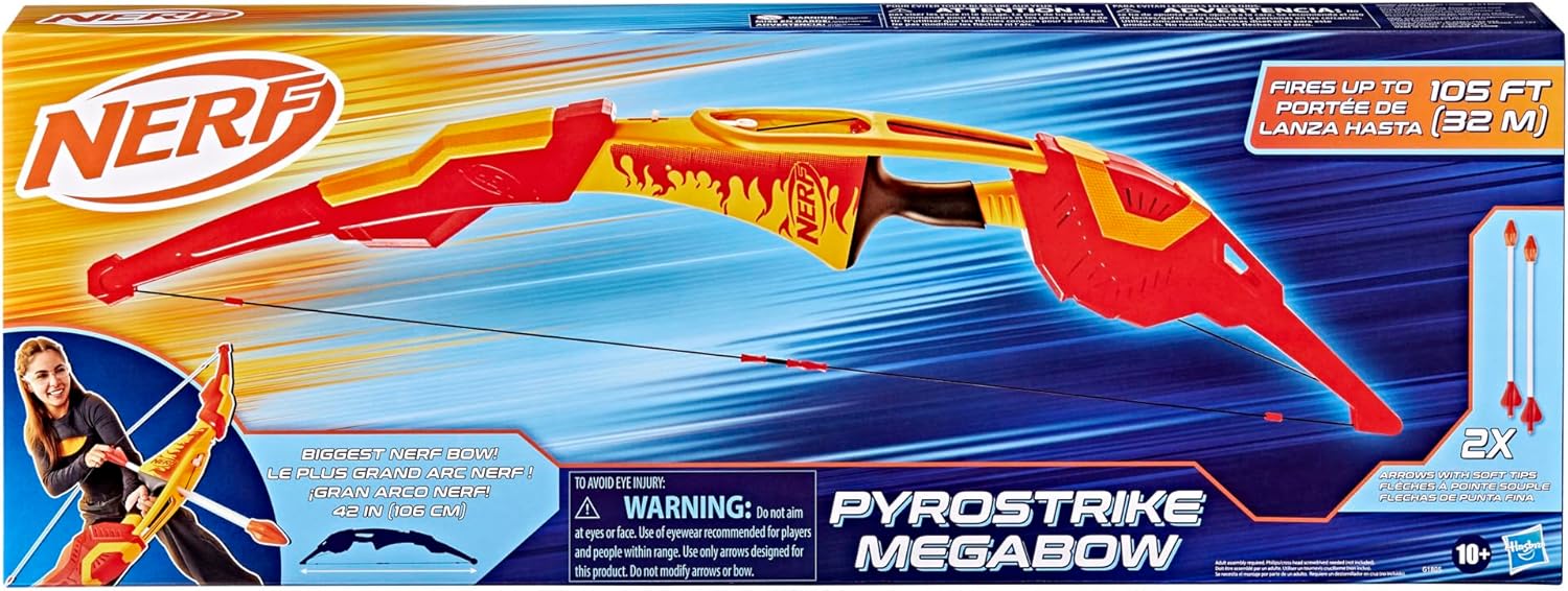 Nerf Pyrostrike Megabow, 42-Inch Bow Fires Arrows Up to 105 Feet, 2 Arrows with Soft Tips, Kids Outdoor Toys, Ages 10+ (Amazon Exclusive)