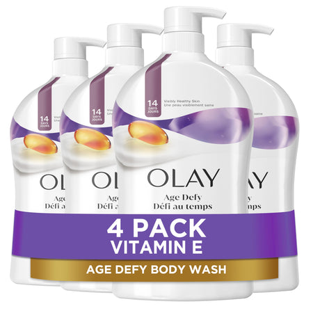 Olay Body Wash for Women, Age Defying with Vitamin E, 24hr Moisturizing, Hydrating & Refreshing, B3 Vitamin Complex, Free of Parabens & Phthalates, For All Skin Types, Scented, 33 fl oz (Pack of 4)