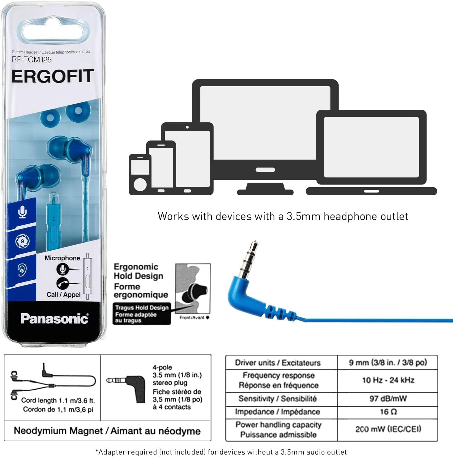 Panasonic ErgoFit Wired Earbuds, 3.5mm Jack in-Ear Headphones with Dynamic Crystal-Clear Sound and Soft Ergonomic Custom-Fit Earpieces (S/M/L), for Phones and Laptops - RP-HJE120-AA (Metallic Blue)