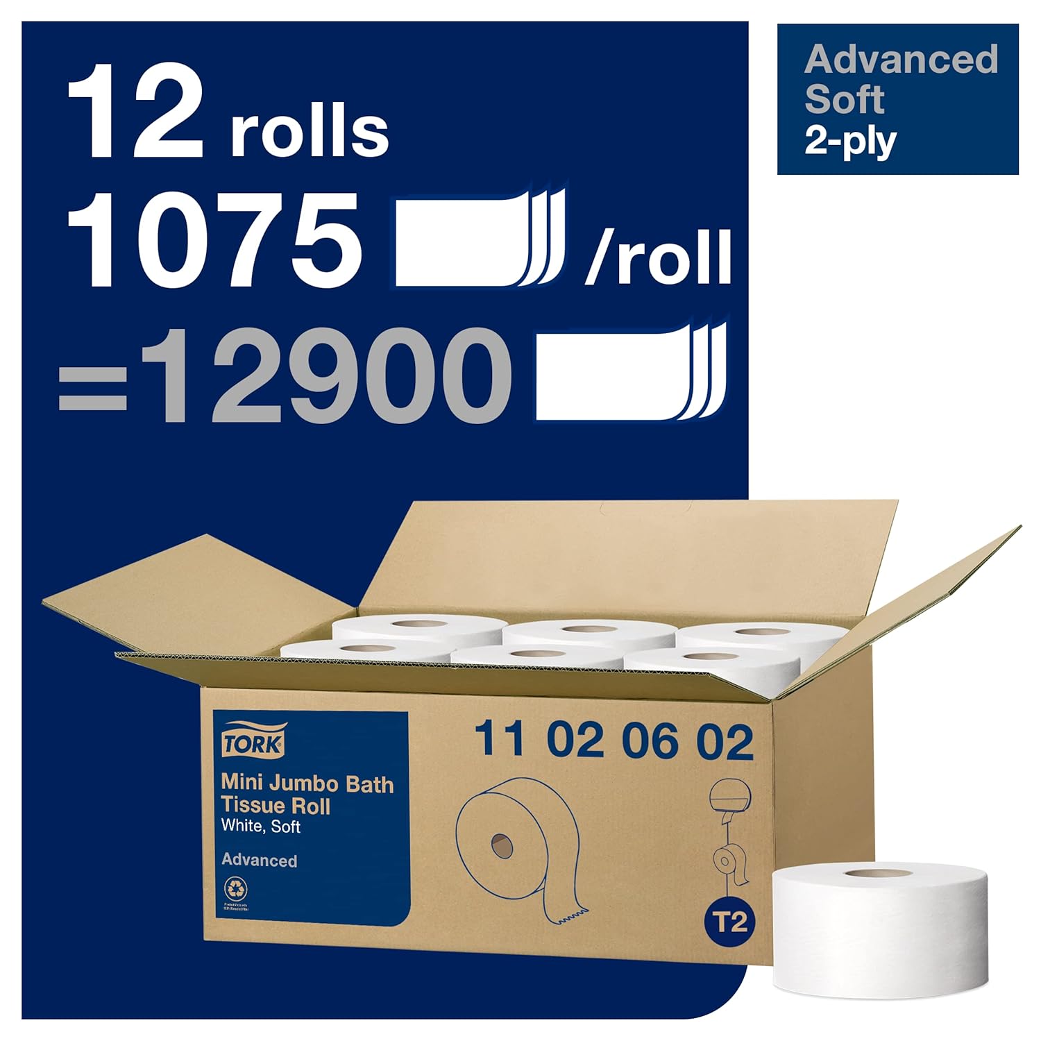 Tork Mini Jumbo Bath Tissue Roll - Toilet Paper Towels with Advanced Soft Quality, Compatible with T2 Tork Dispenser, 12 rolls x 1075, 2-Ply Sheets, Color: White, 11020602
