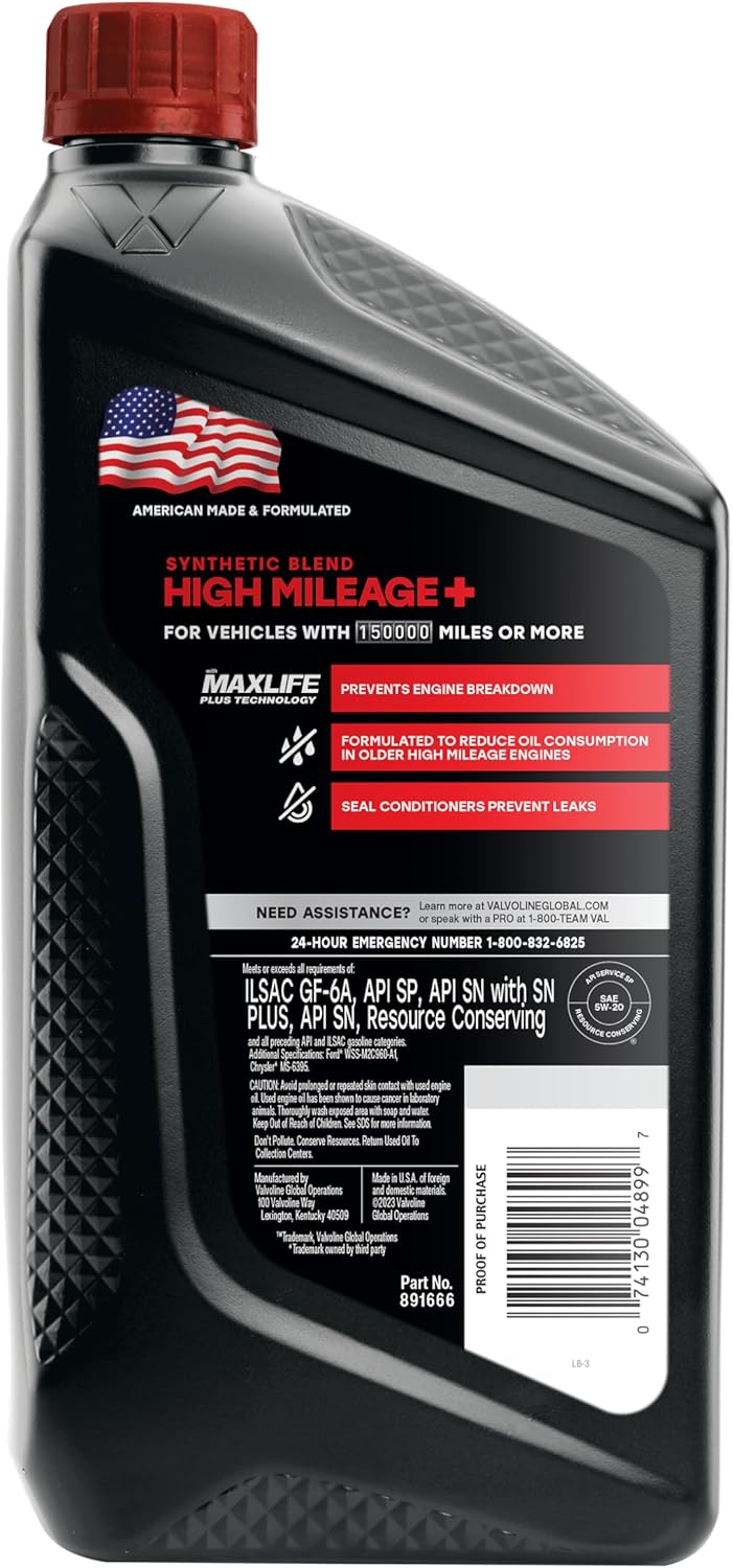 Valvoline Full Synthetic High Mileage with MaxLife Technology SAE 0W-20 Motor Oil 5 QT, Case of 3