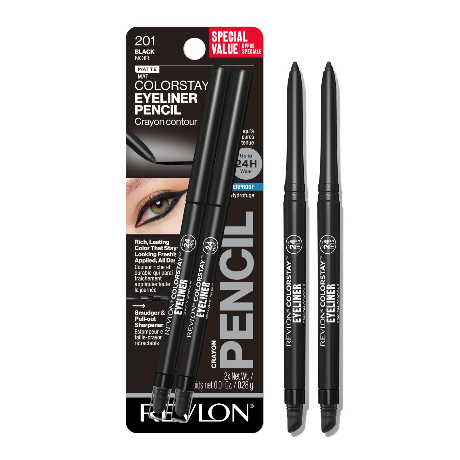 Revlon ColorStay Pencil Waterproof Eyeliner, Smudge-Proof, Eye Makeup with Built-In Sharpener, Stocking Stuffer for Women, 201 Black, 0.01 oz