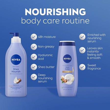 NIVEA Shea Nourish Body Lotion (16.9 Fl Oz) Nourishing Shea Butter Body Wash (20 Fl Oz), Nourishing Skin Care Set with Shea Butter