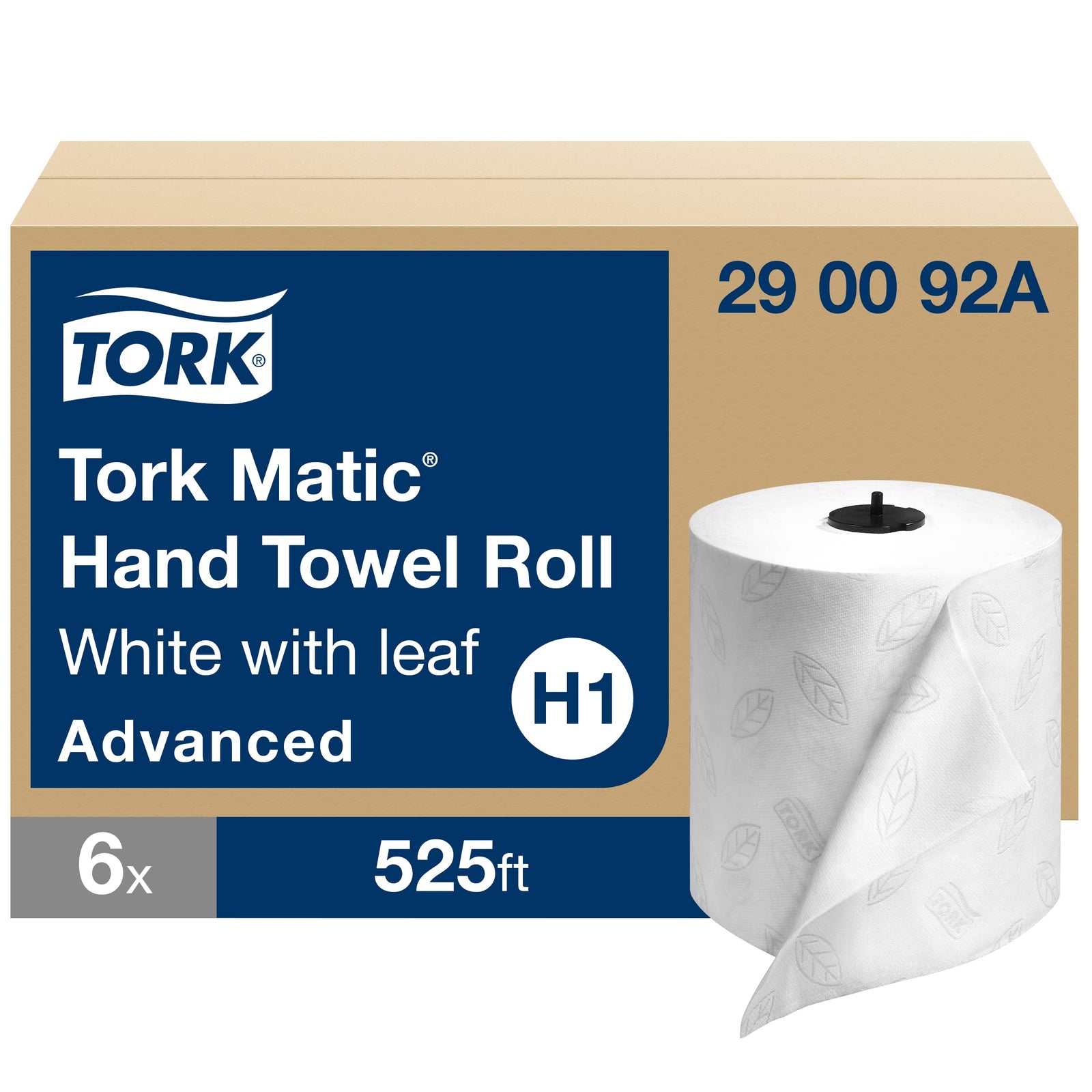 Tork Matic Hand Towel Roll, White With Gray Leaf, Advanced, H1, 100% Recycled Fiber, High Absorbency, Medium Capacity, 2-Ply, 6 Rolls x 525 ft - 290092A