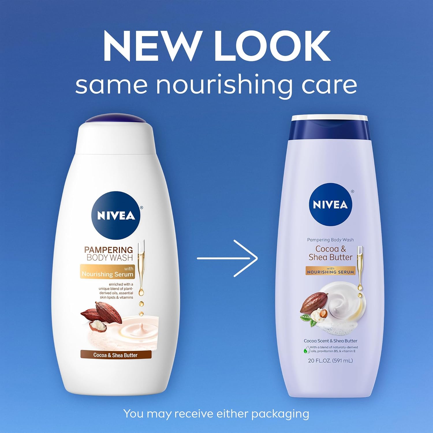 NIVEA Pampering Cocoa and Shea Butter Body Wash with Nourishing Serum, Moisturizing Body Wash for Women, Enriched with Provitamin B5 and Vitamin E, 20 Fl Oz Bottle