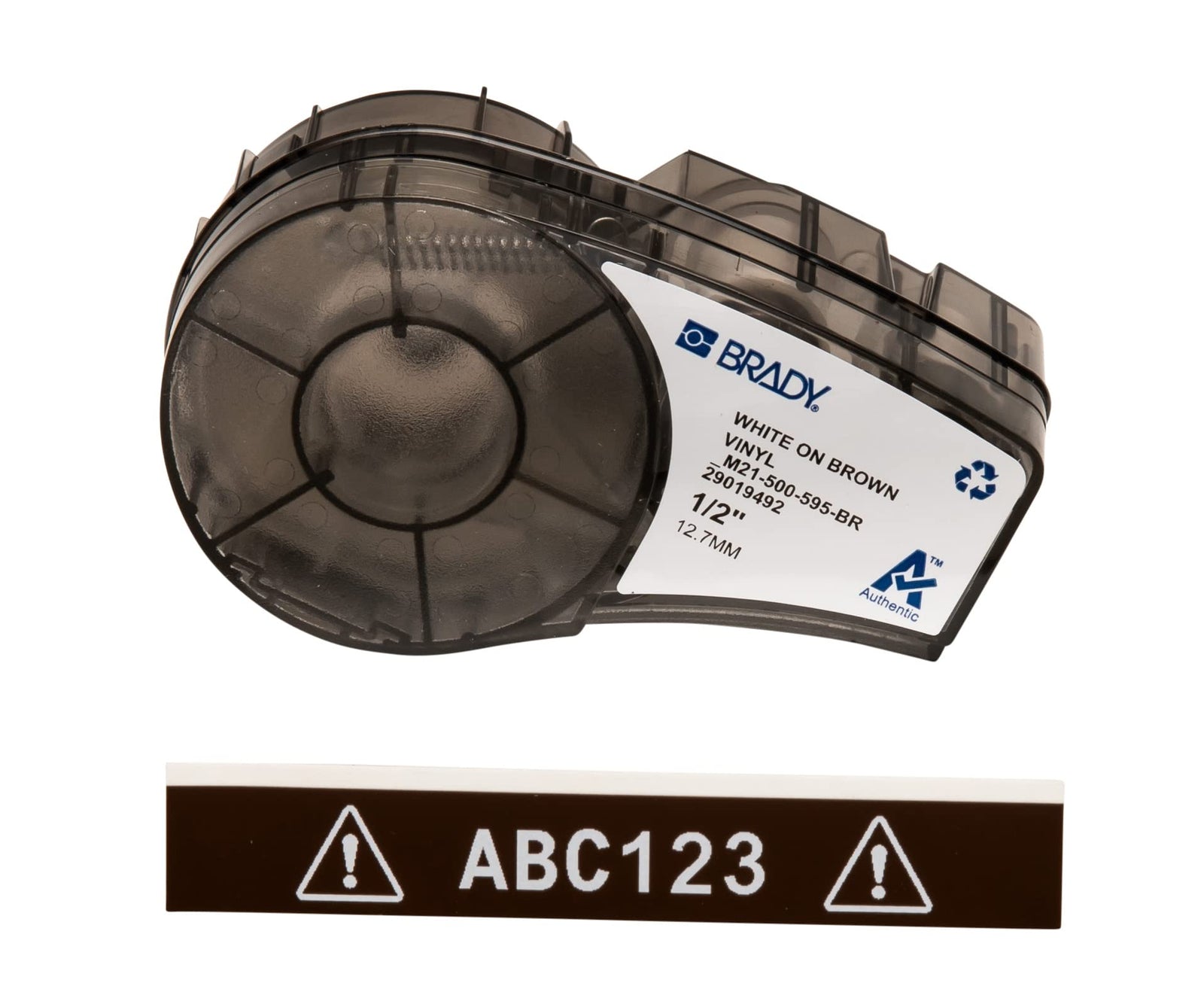 Brady Authentic (M21-375-595-BR) All-Weather Vinyl Label for Indoor/Outdoor ID, Lab and Equipment Labeling, White on Brown- ForM210, M210-LAB, M211, BMP21-PLUS and BMP21-LAB Printers, .375" W, 21' L