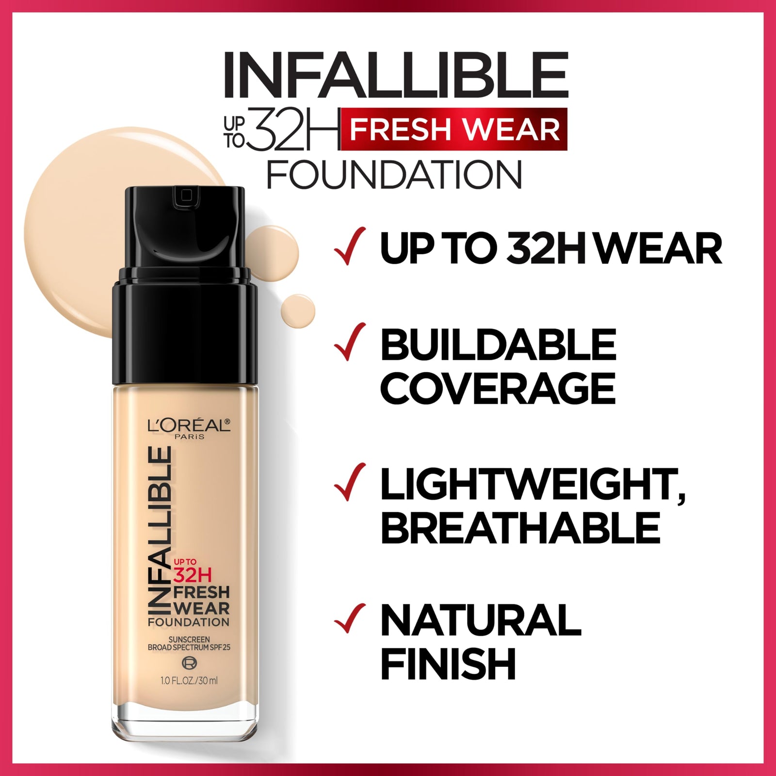 L'Oreal Paris Makeup Infallible Up to 32 Hour Fresh Wear Lightweight Foundation, 440 Natural Rose, 1 Fl Oz, Packaging May Vary