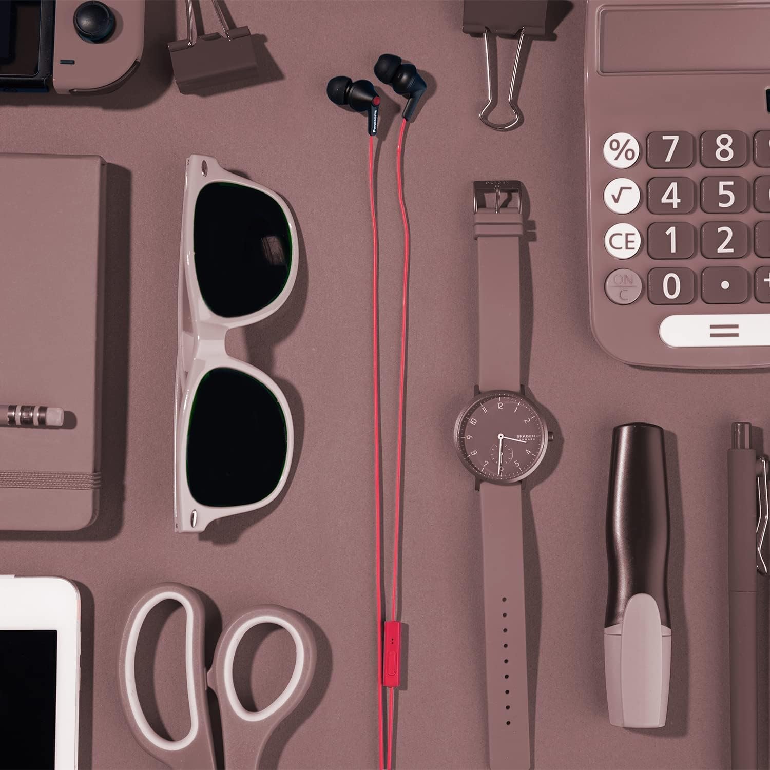 Panasonic ErgoFit Wired Earbuds with Microphone, 3.5mm Jack Headphones with Mic and Call Controller, Ergonomic Custom-Fit Earpieces (S/M/L), for Phones and Laptops - RP-TCM125-R (Red)