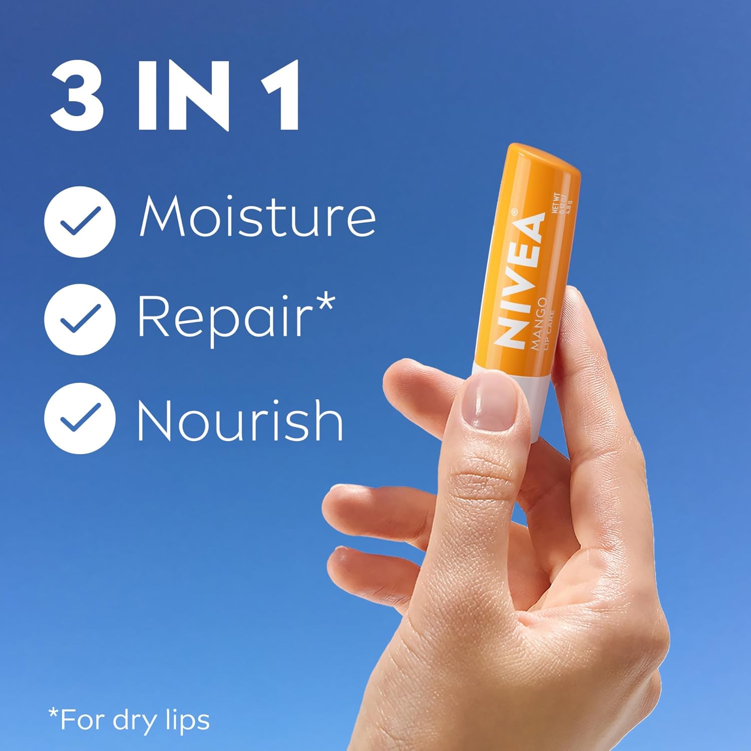NIVEA Mango Lip Care, Vegan Lip Balm Pack with Shea Butter, Nourishing Oils and Vitamin C & E, 3-in-1 Moisturize, Repair and Protect, 0.17 Oz Stick, Pack of 4