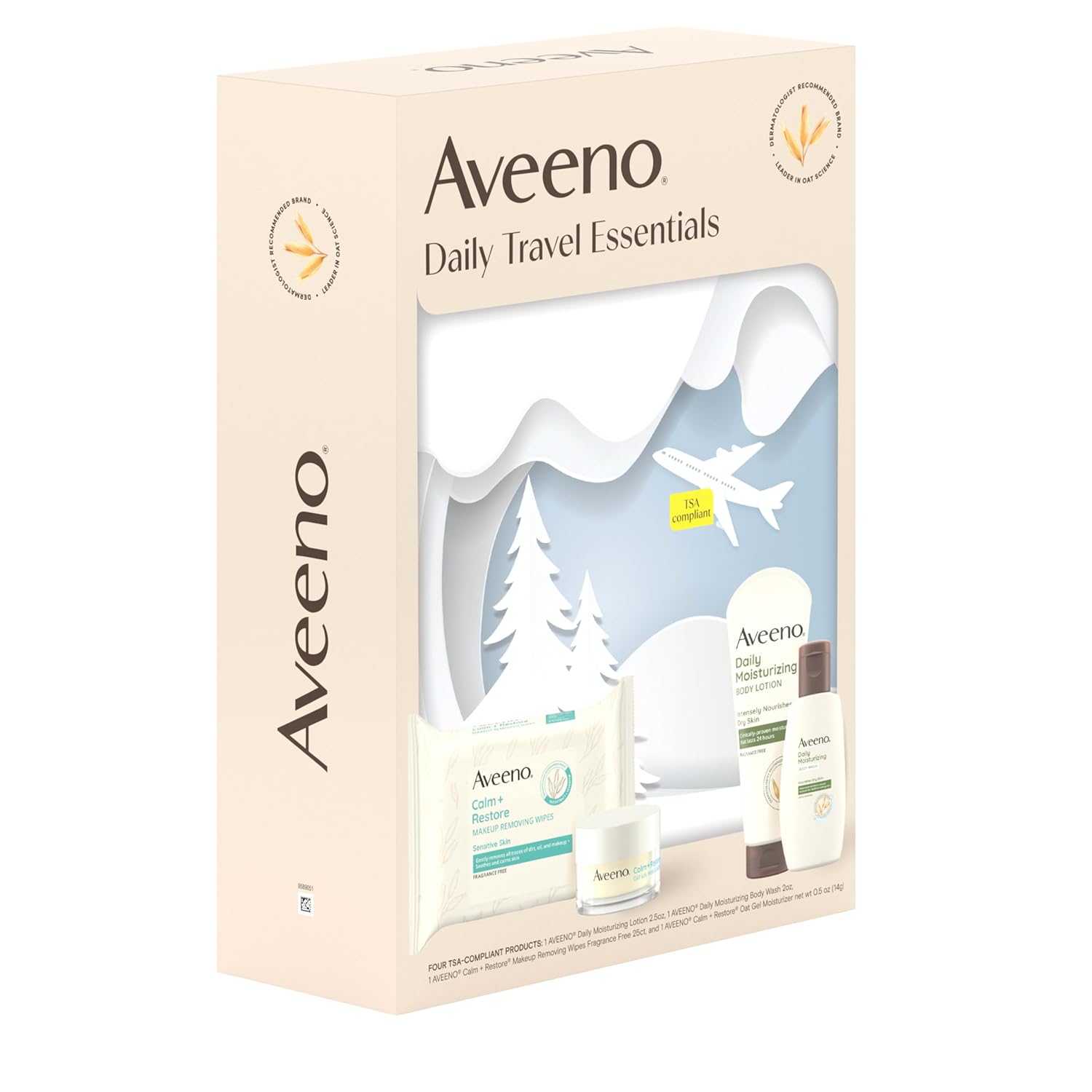 Aveeno Daily Travel Essentials Gift Set with Daily Moisturizing Lotion, Daily Moisturizing Body Wash, Calm + Restore Makeup Removing Wipes, & Calm + Restore Oat Gel Moisturizer, 4 items