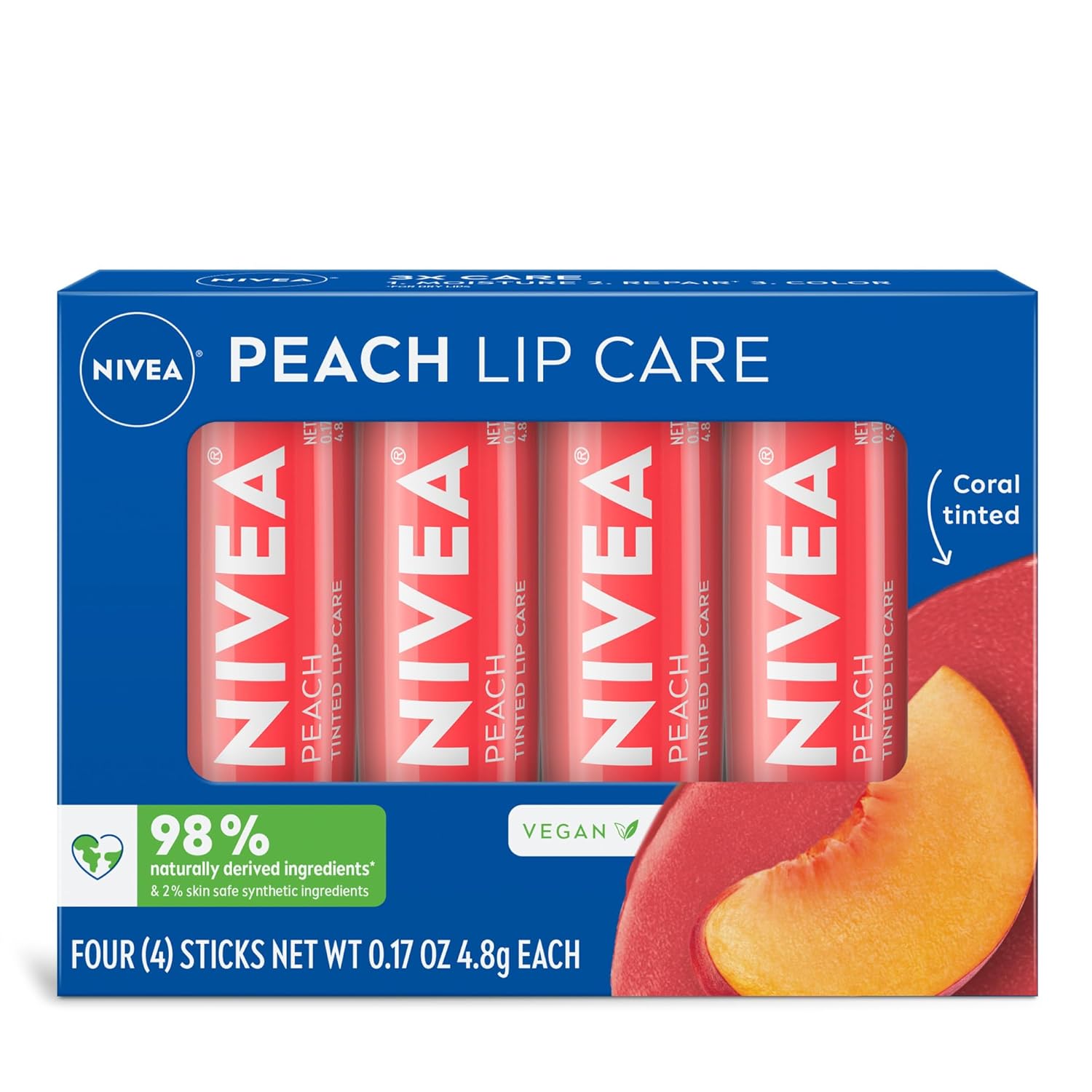 NIVEA Mango Lip Care, Vegan Lip Balm Pack with Shea Butter, Nourishing Oils and Vitamin C & E, 3-in-1 Moisturize, Repair and Protect, 0.17 Oz Stick, Pack of 4