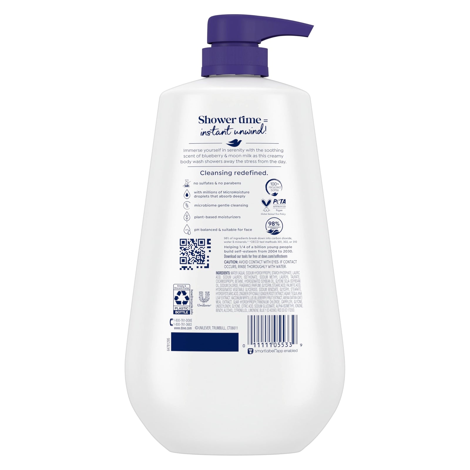 Dove Body Wash Unwind Blueberry & Moon Milk For 24hr Lotion-Soft Skin Moisturizing Skin Cleanser with No Sulfates No Parabens 30.6 oz