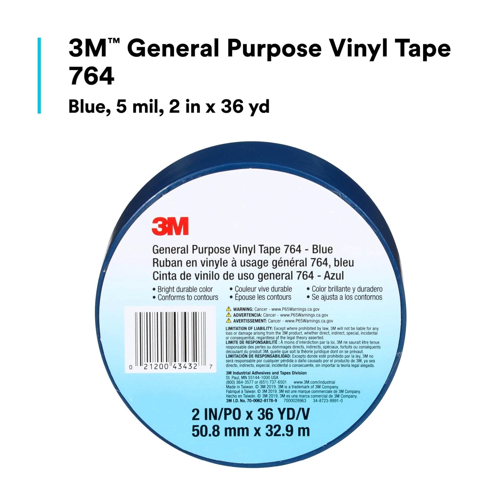 3M Vinyl Tape 764, General Purpose, 2 in x 36 yd, Black, 1 Roll, Light Traffic Floor Marking Tape, Social Distancing, Color Coding, Safety, Bundling