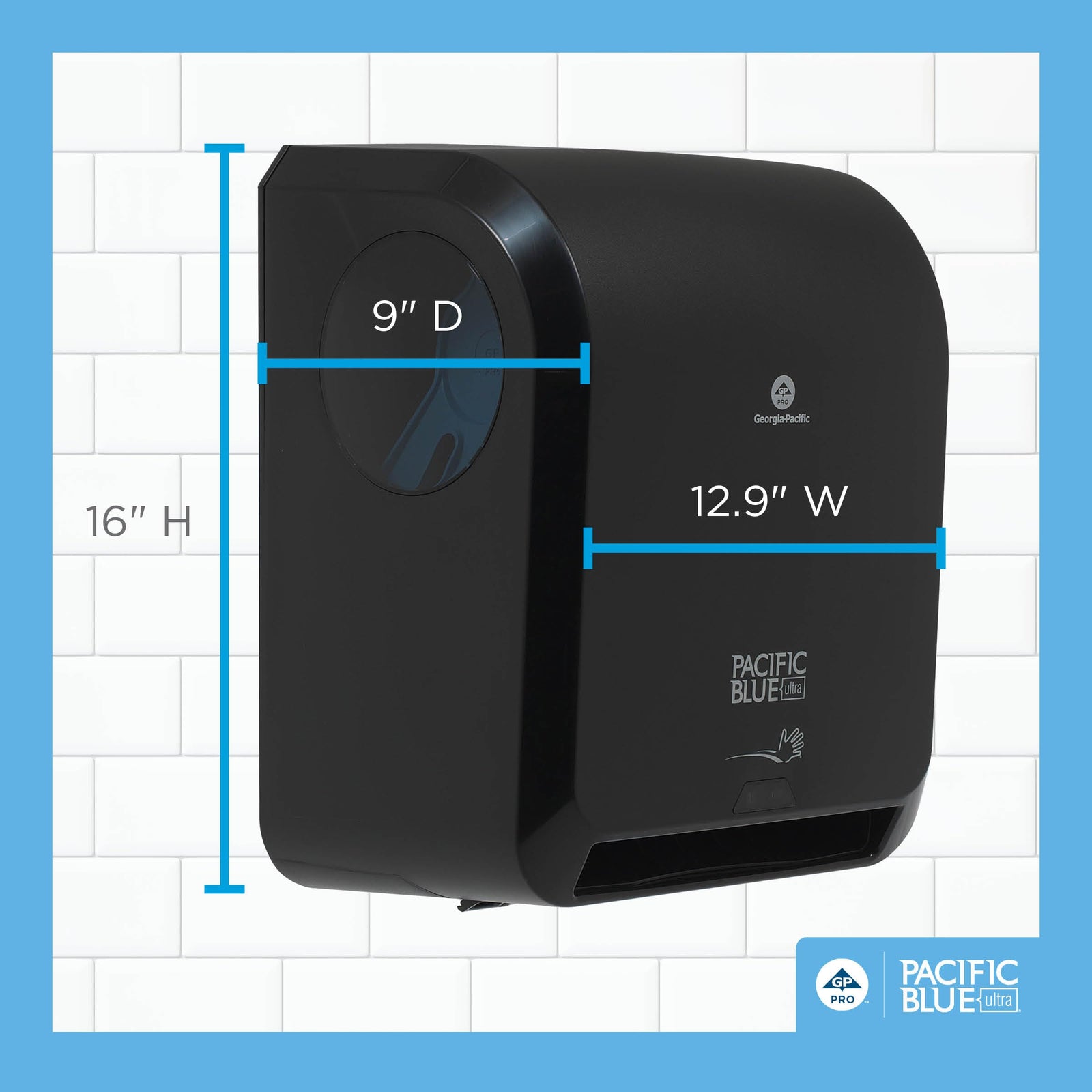 Pacific Blue Ultra 8" High-Capacity Automated Touchless Paper Towel Dispenser by GP PRO (Georgia-Pacific); Black; 59590; 12.9" W x 9" D x 16" H; 1 Dispenser