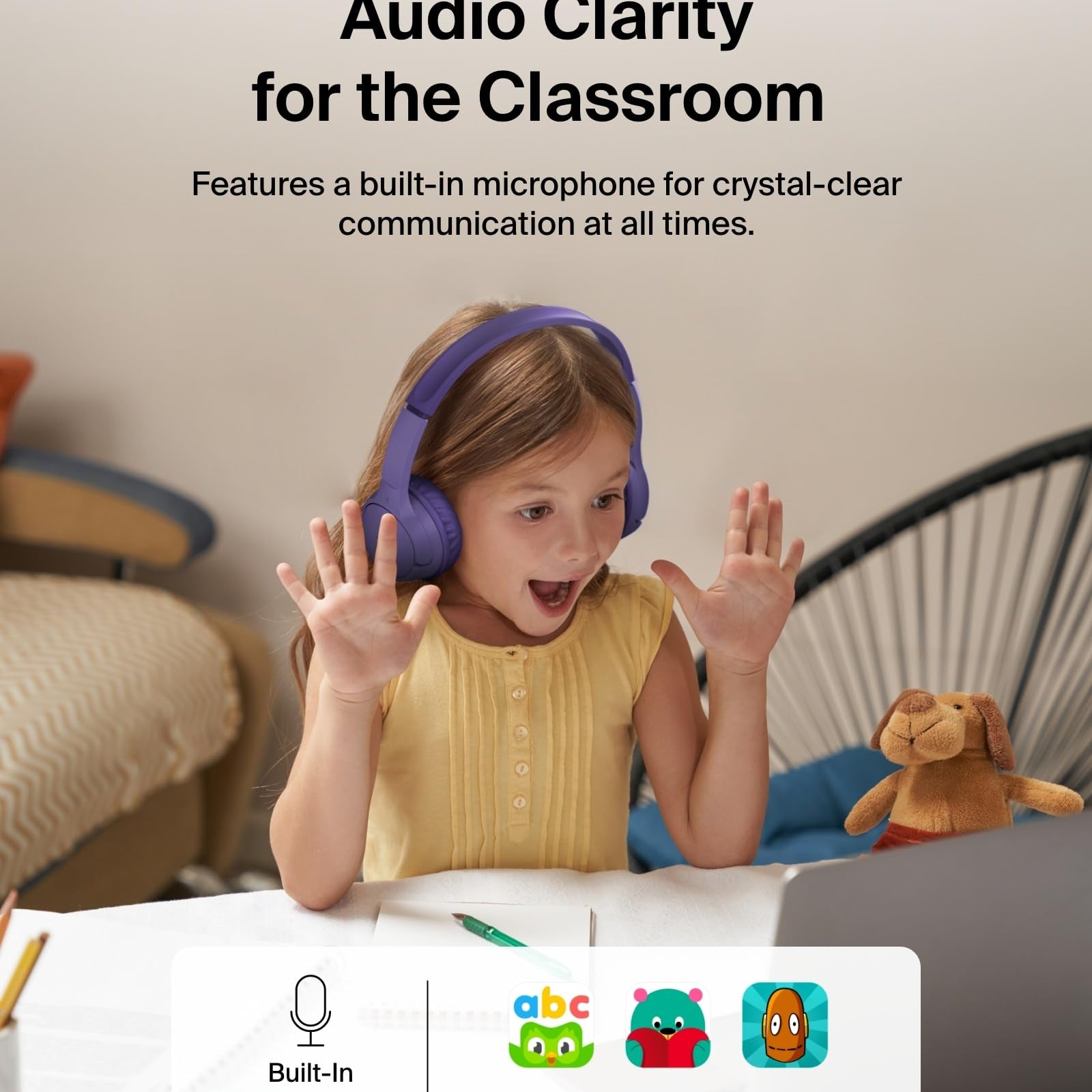 Belkin SoundForm Mini - Wireless Bluetooth Kids Headphones, 30H Battery, 85dB Safe Volume Limit, Built-in Microphone - Toddler On-Ear Earphones for iPhone, iPad, Fire Tablet, Ideal for School - White