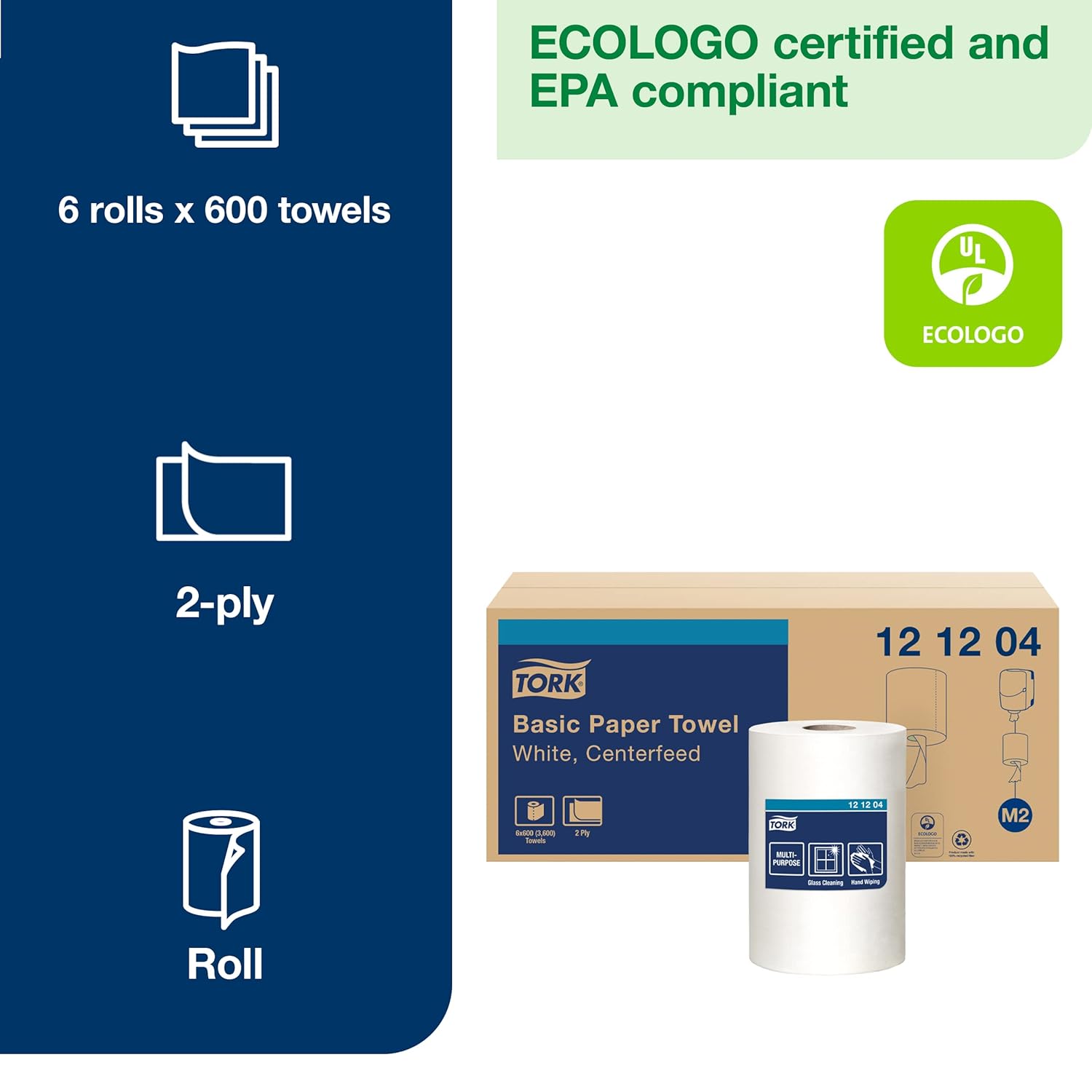 Tork Centerfeed Wall Mounted Dispenser White - M2 + Refill - Centerfeed Hand Towel White, 6 x 600 Sheets