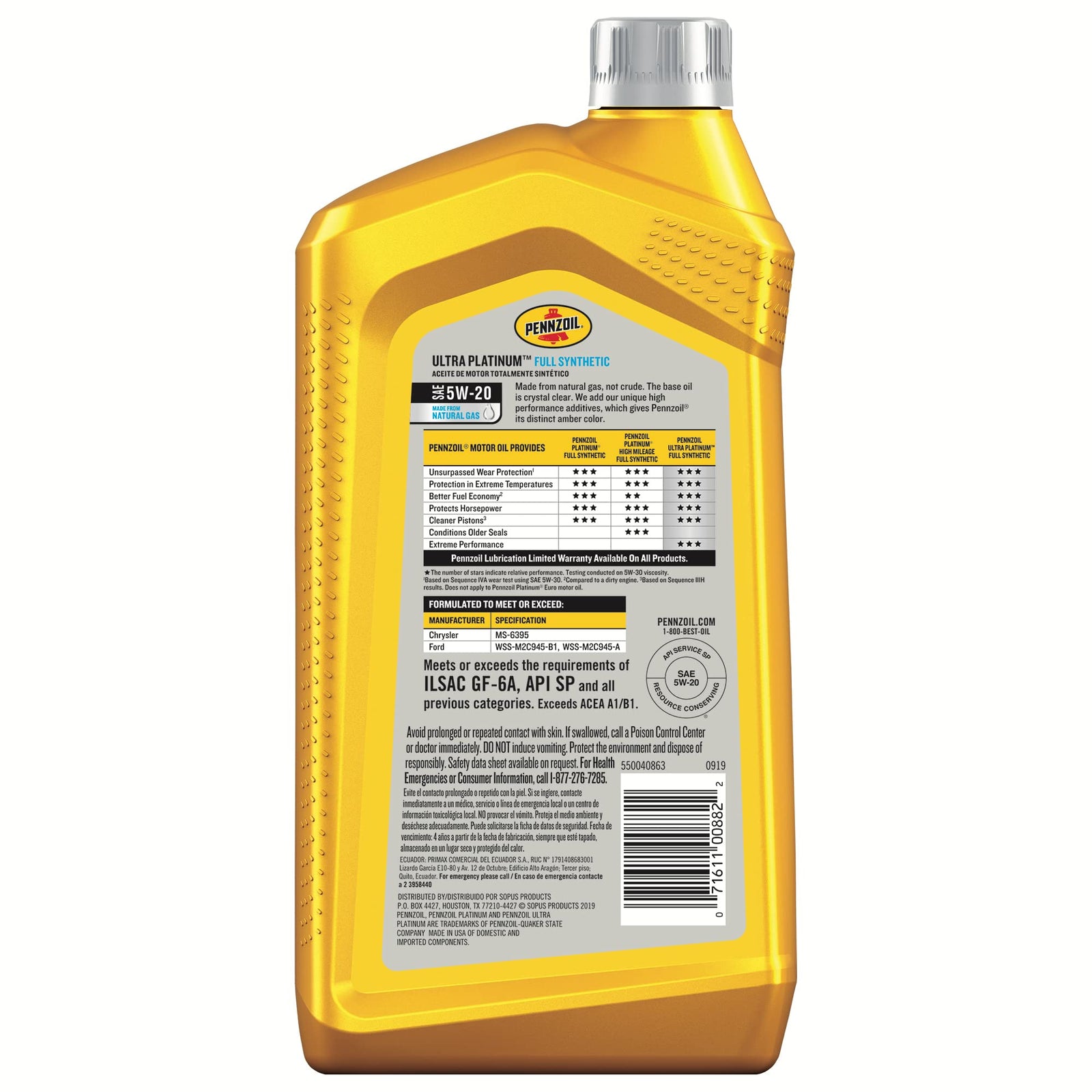 Pennzoil Ultra Platinum Full Synthetic 0W-20 Motor Oil, 1 Quart (6 Pack)