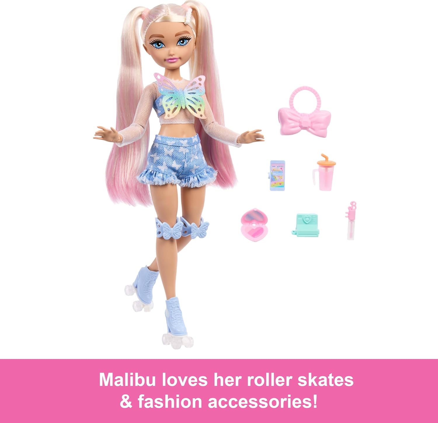 Barbie Dream Besties Doll and Accessories, Barbie "Malibu” Posable Roller Skating Fashion Doll with Blonde Hair, 9 Makeup Themed Pieces