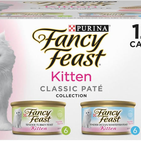 Purina Fancy Feast Kitten Tender Ocean Whitefish Feast and Tender Turkey Feast Wet Kitten Food Variety Pack - (2 Packs of 12) 3 oz. Cans