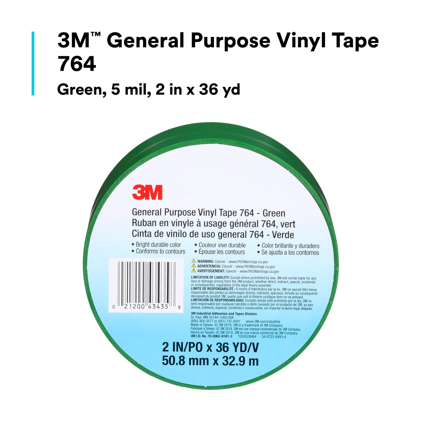 3M Vinyl Tape 764, General Purpose, 2 in x 36 yd, Black, 1 Roll, Light Traffic Floor Marking Tape, Social Distancing, Color Coding, Safety, Bundling