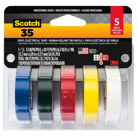 Scotch Vinyl 35 Electrical Tape, 5 Rolls, Multi-Color Pack, Ideal for Cable Jacket Repair & Electrical Insulation, Premium Vinyl Material for Durability, Indoor & Outdoor Use, High Adhesion (10457DC)