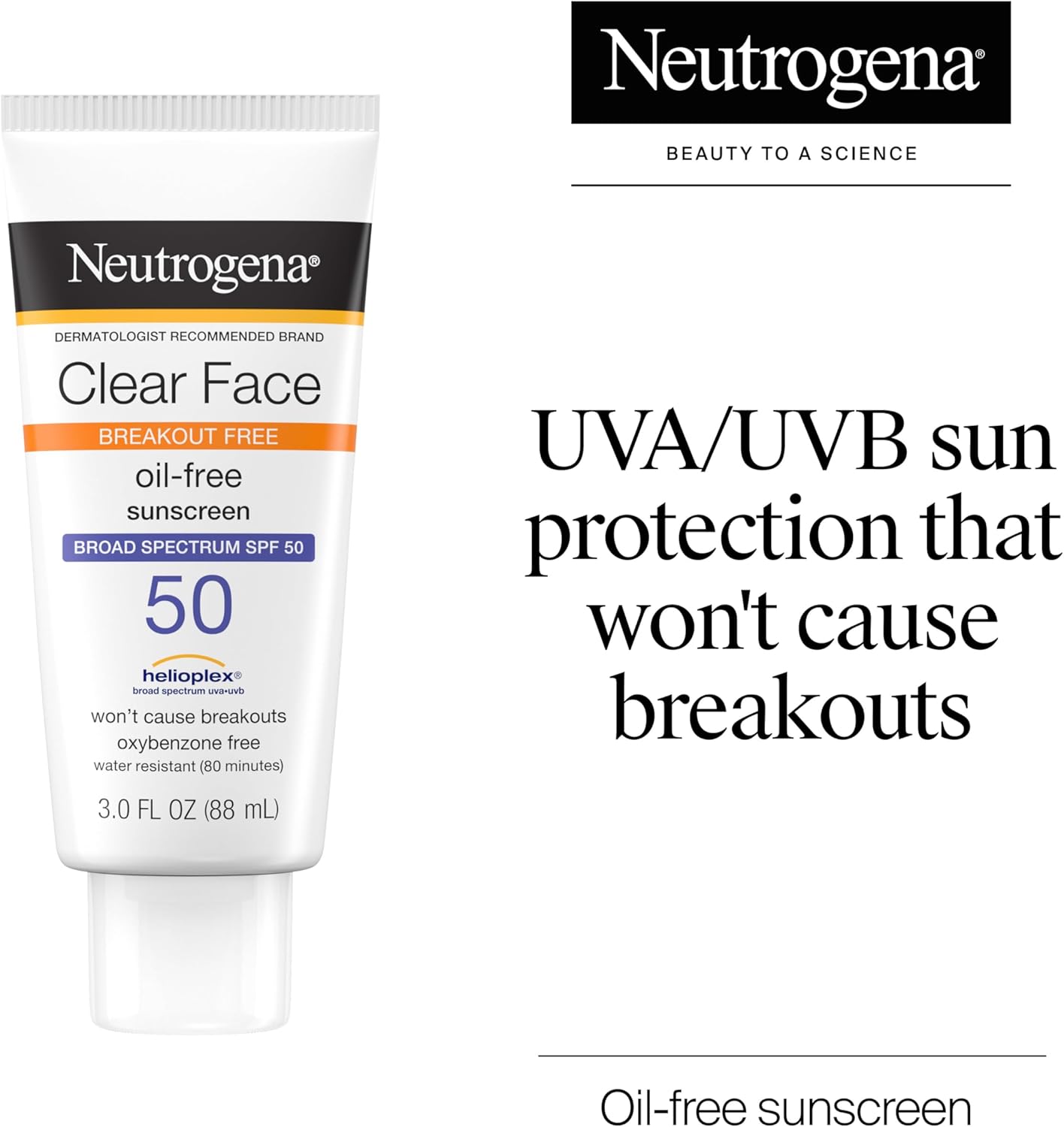 Neutrogena Clear Face Sunscreen Lotion for Acne-Prone Skin, Broad Spectrum SPF 50 Facial Sunscreen for Oily Skin, Oil-, Fragrance- & Oxybenzone-Free Water Resistant Sunscreen, 3 fl. oz