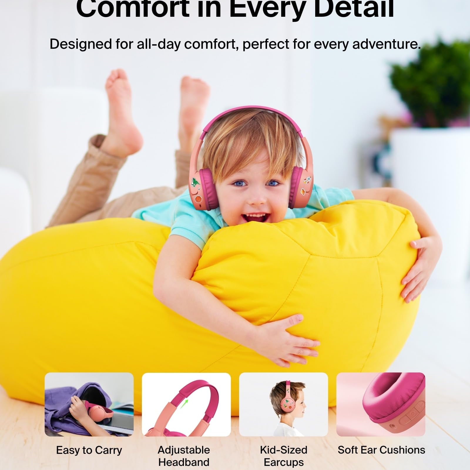 Belkin SoundForm Mini - Wireless Bluetooth Kids Headphones, 30H Battery, 85dB Safe Volume Limit, Built-in Microphone - Toddler On-Ear Earphones for iPhone, iPad, Fire Tablet, Ideal for School - White