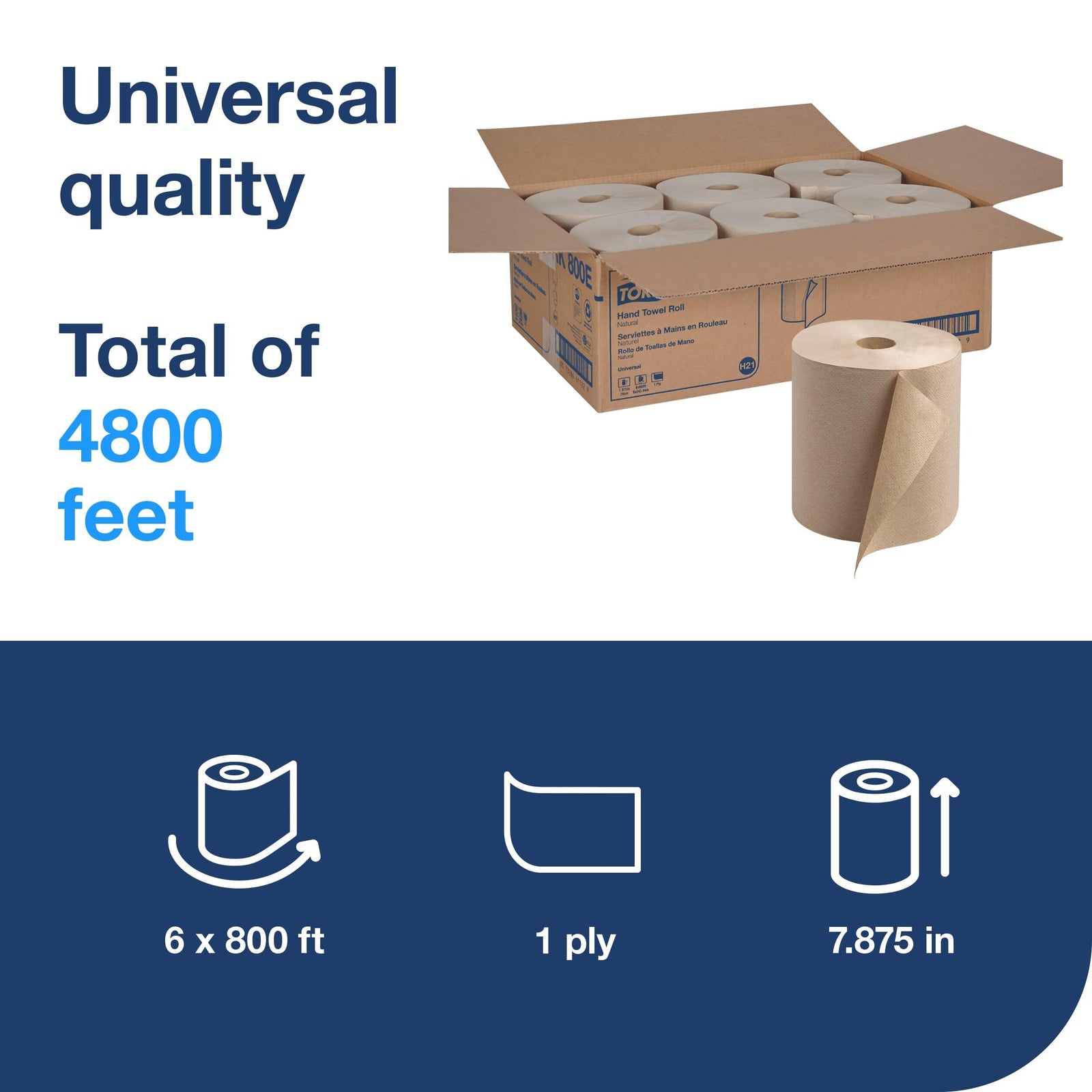 Tork Hand Towel Roll, Natural, Universal, H80, Extra Large, 100% Recycled, 1-Ply, 6 Rolls x 1000 ft, 8031000