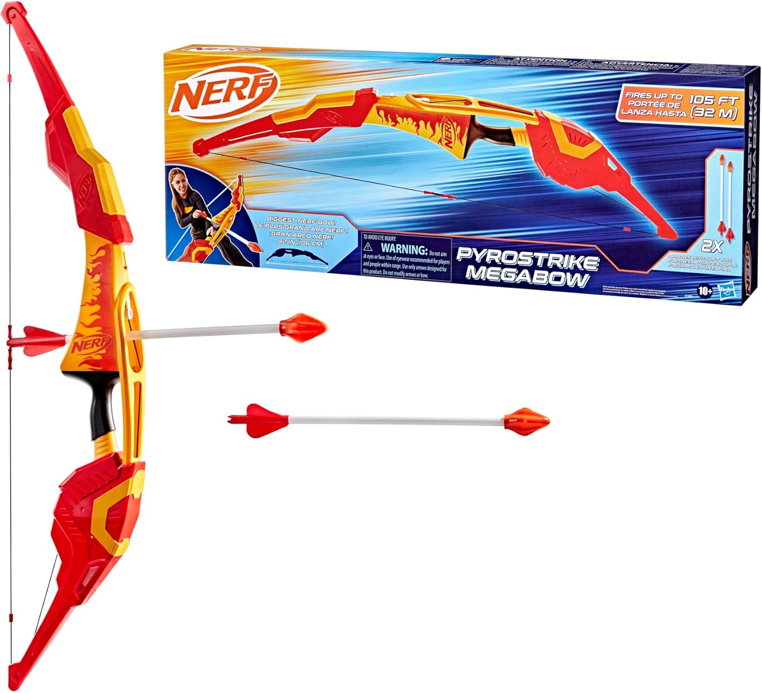 Nerf Pyrostrike Megabow, 42-Inch Bow Fires Arrows Up to 105 Feet, 2 Arrows with Soft Tips, Kids Outdoor Toys, Ages 10+ (Amazon Exclusive)