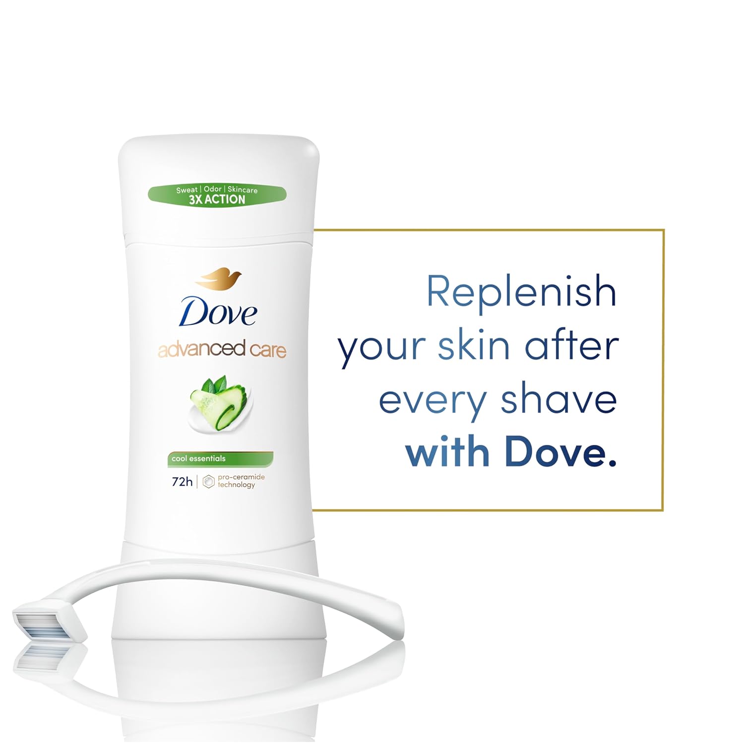 Dove Advanced Care Antiperspirant Deodorant Stick Cool Essentials 4 ct for helping your skin barrier repair after shaving 72 hour odor control and sweat protection with Pro Ceramide Technology 2.6 oz
