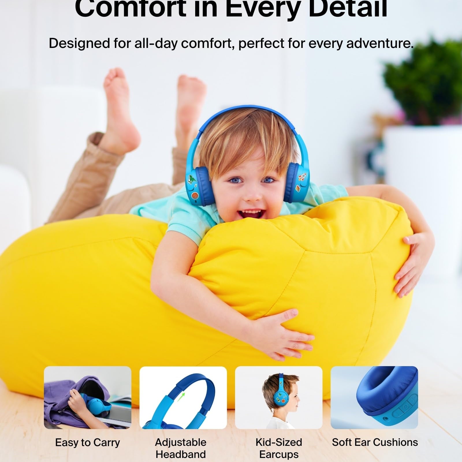 Belkin SoundForm Mini - Wireless Bluetooth Kids Headphones, 30H Battery, 85dB Safe Volume Limit, Built-in Microphone - Toddler On-Ear Earphones for iPhone, iPad, Fire Tablet, Ideal for School - White