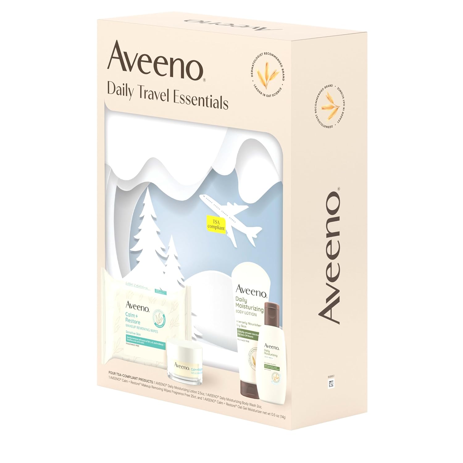 Aveeno Daily Travel Essentials Gift Set with Daily Moisturizing Lotion, Daily Moisturizing Body Wash, Calm + Restore Makeup Removing Wipes, & Calm + Restore Oat Gel Moisturizer, 4 items