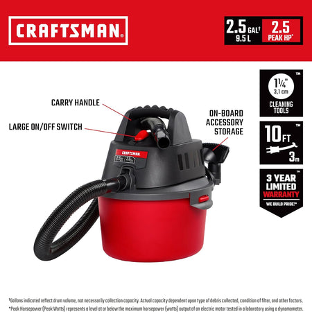 CRAFTSMAN CMXEVBE17250 2.5 Gallon 2.5 Peak HP Wet/Dry Shop Vac, Portable Shop Vacuum Wet and Dry with Filter Bag, Hose and 6-Piece Micro Cleaning Kit for Intricate and Detail Cleaning