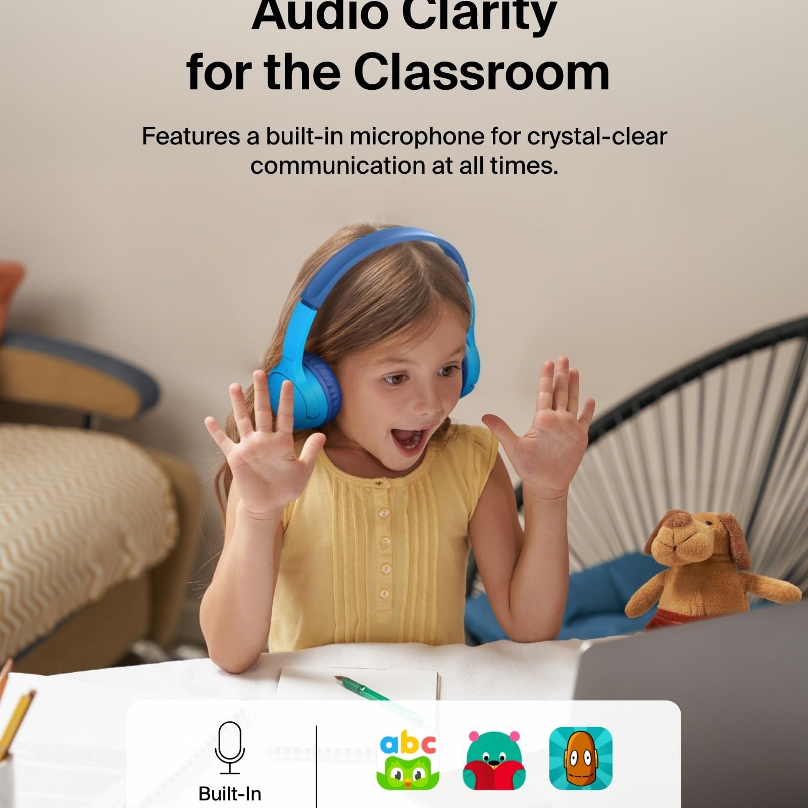 Belkin SoundForm Mini - Wireless Bluetooth Kids Headphones, 30H Battery, 85dB Safe Volume Limit, Built-in Microphone - Toddler On-Ear Earphones for iPhone, iPad, Fire Tablet, Ideal for School - White