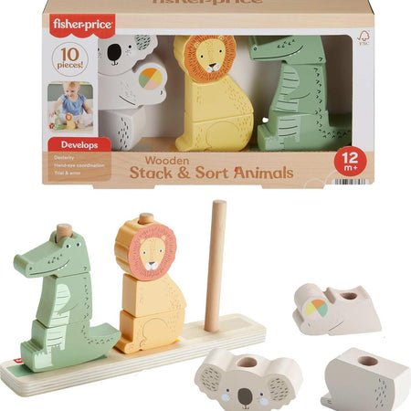 Fisher-Price Wood Baby Toy Stack & Sort Animals, 10 Wooden Pieces for Developmental Play for Infants & Toddlers Ages 1+ Years