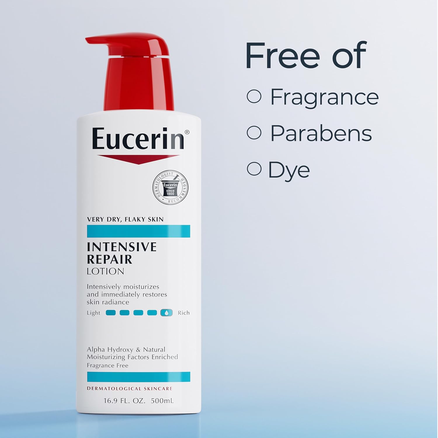 Eucerin Intensive Repair Body Lotion for Dry Skin with Alpha Hydroxy, Body Moisturizer for Very Dry Skin, Moisturizes, Exfoliates and Conditions, Fragrance Free and Paraben Free, 16.9 Fl Oz Bottle