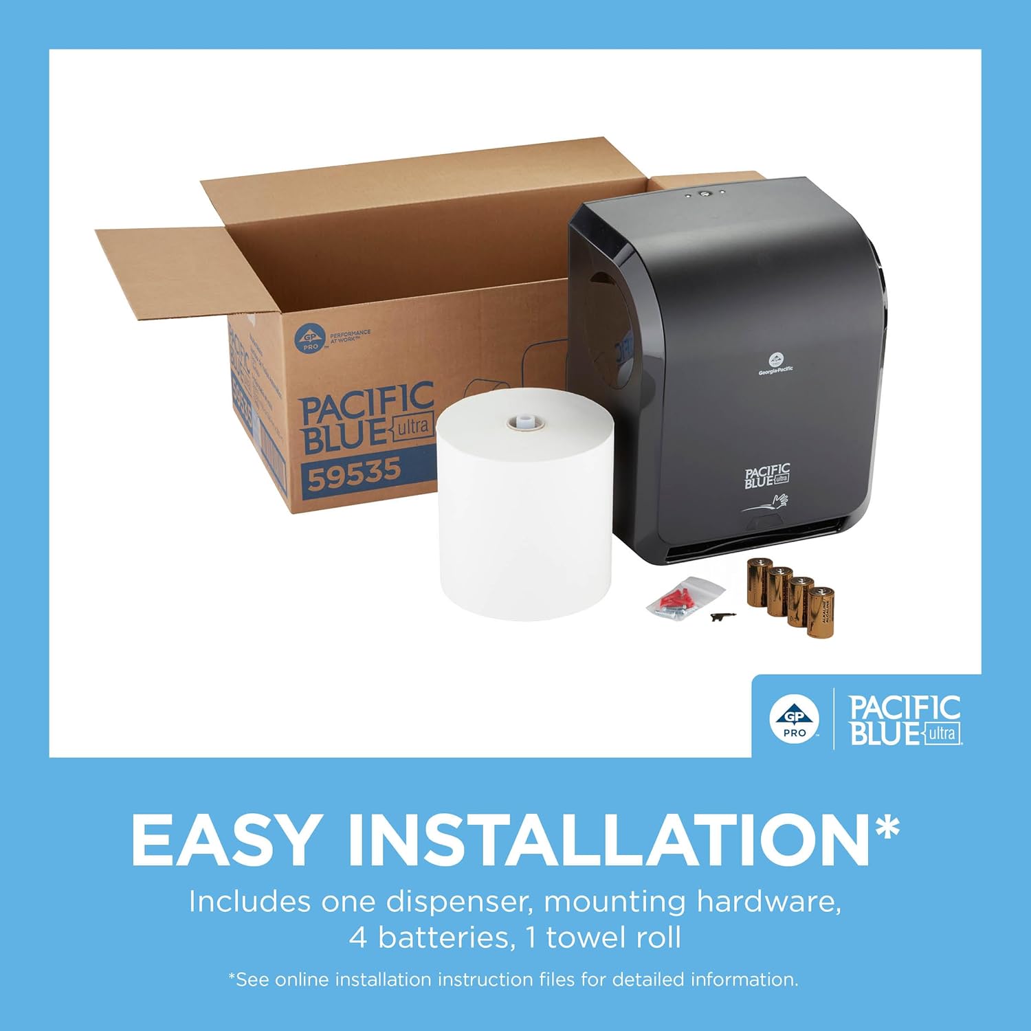 Pacific Blue Ultra 8" High-Capacity Automated Touchless Paper Towel Dispenser Starter Kit by GP PRO (Georgia-Pacific), Black Dispenser (59590) 1 White Towel Roll (26491)