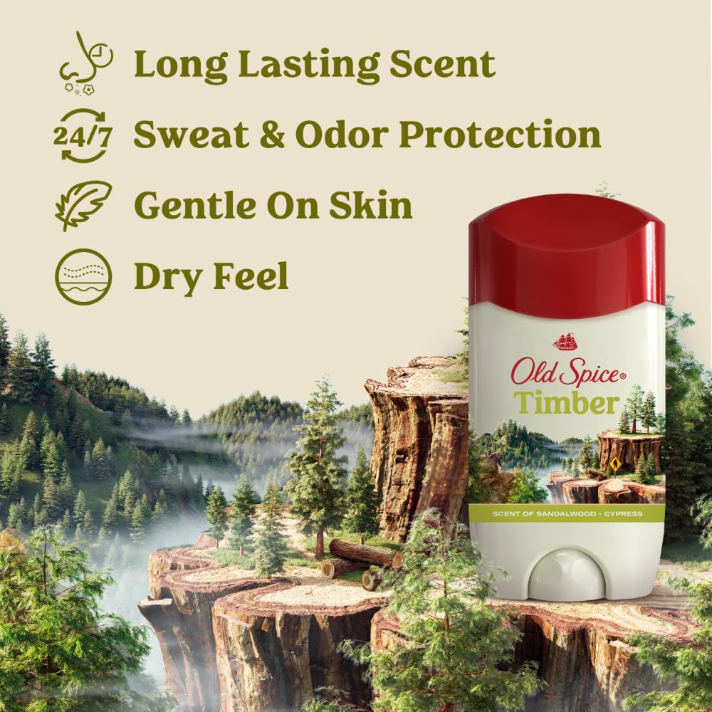 Old Spice Dry Feel Antiperspirant Deodorant for Men, 24/7 Freshness, 24/7 Sweat & Odor Protection, Gentle on Skin with Skin Conditioners, Timber with Sandalwood + Cypress Scent, 2.6 oz