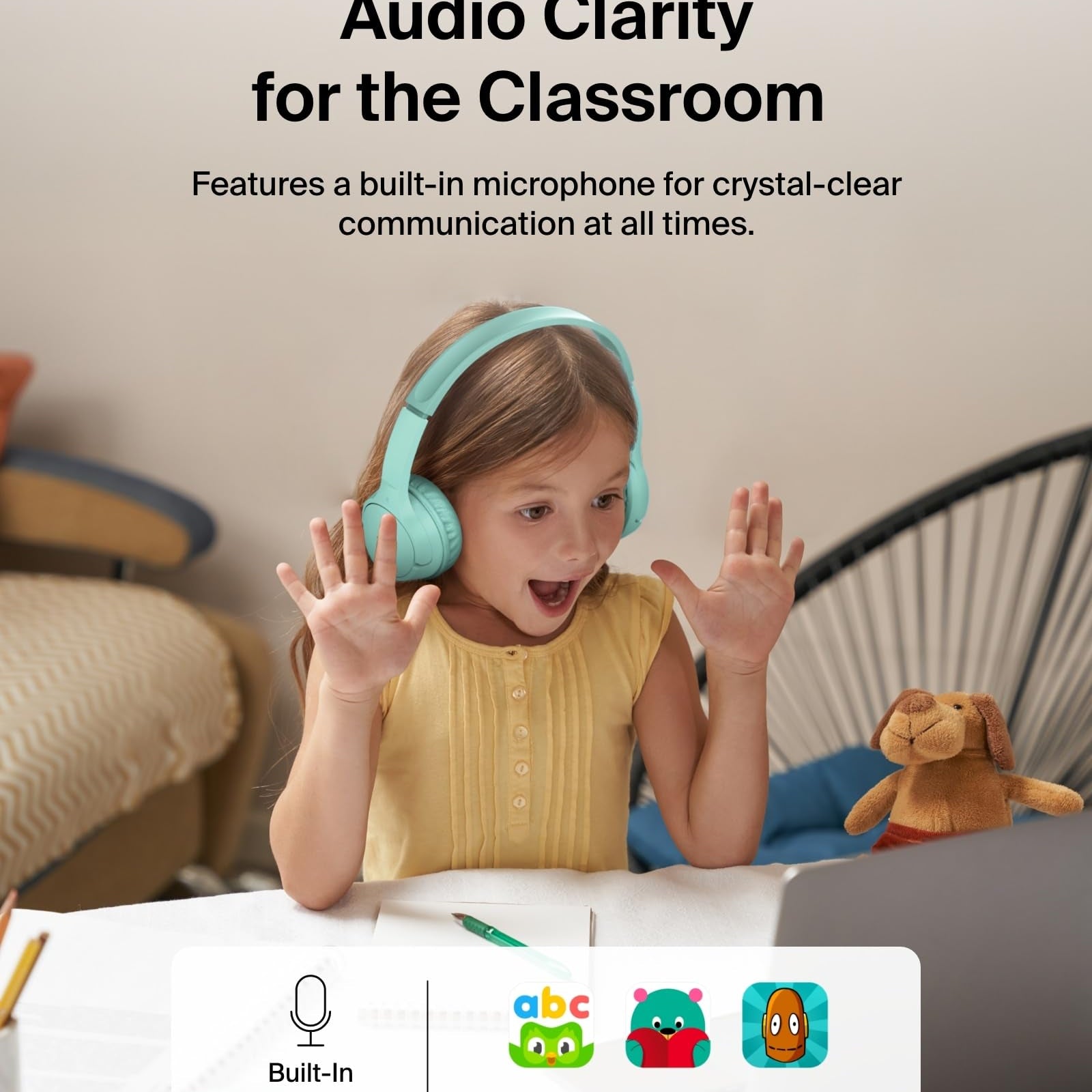 Belkin SoundForm Mini - Wireless Bluetooth Kids Headphones, 30H Battery, 85dB Safe Volume Limit, Built-in Microphone - Toddler On-Ear Earphones for iPhone, iPad, Fire Tablet, Ideal for School - White