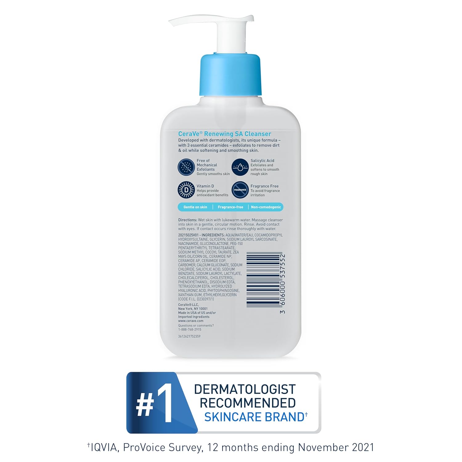 CeraVe Renewing Salicylic Acid Cleanser, Formulated With Hyaluronic Acid, Niacinamide, & Ceramides, Gentle BHA Exfoliating Face Wash Smooths & Softens Skin, Non Comedogenic & Fragrance Free, 16 Ounce