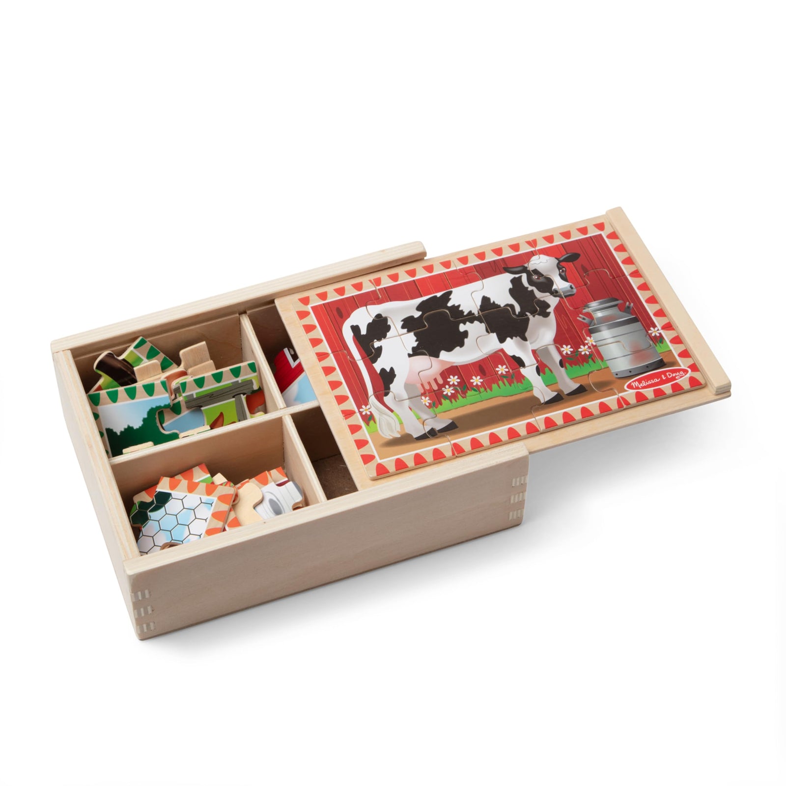 Melissa & Doug 4‑in‑1 Wooden Construction Vehicles Jigsaw Puzzle Set, 48 Pieces with Storage Box, Toddler Puzzle Toy for Kids Ages 3+ - FSC Certified