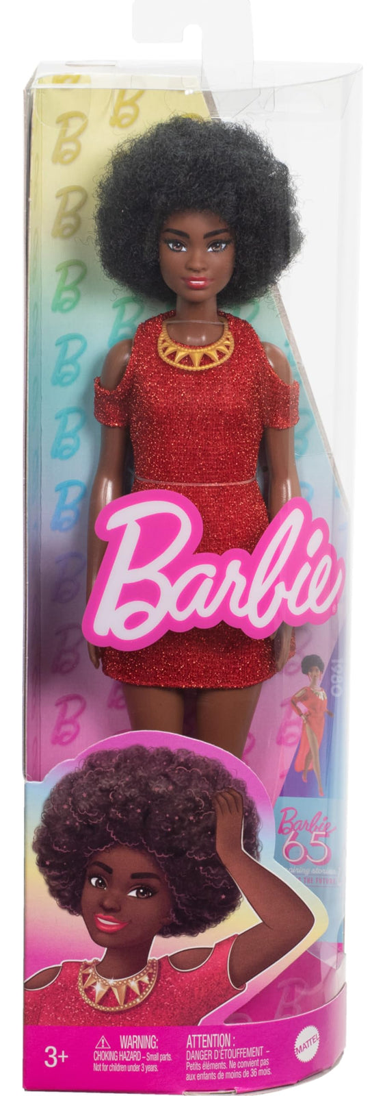 Barbie Fashionistas Doll #221 with Natural Black Hair Wearing Removable Red Dress & Accessories, 65th Anniversary Collectible Toy