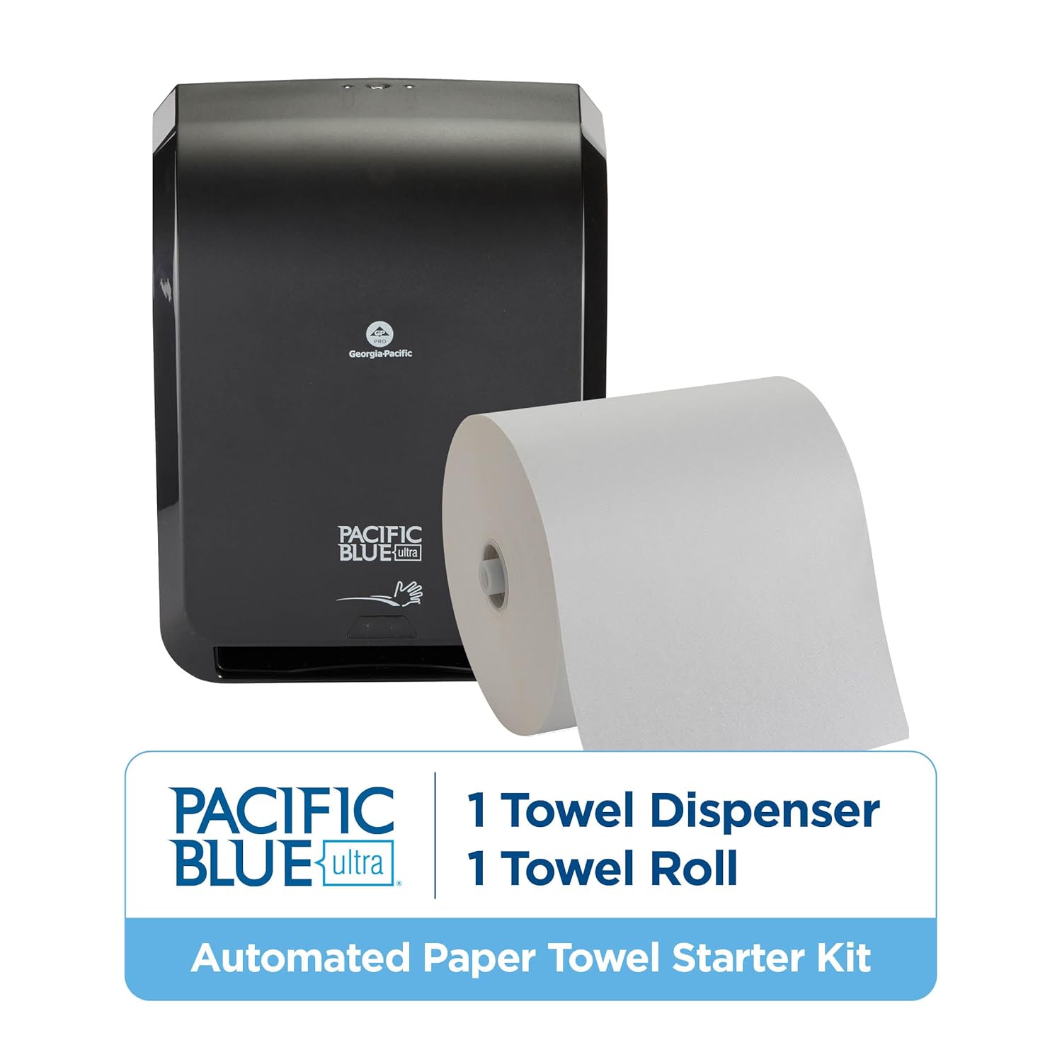 Pacific Blue Ultra 8" High-Capacity Automated Touchless Paper Towel Dispenser Starter Kit by GP PRO (Georgia-Pacific), Black Dispenser (59590) 1 White Towel Roll (26491)