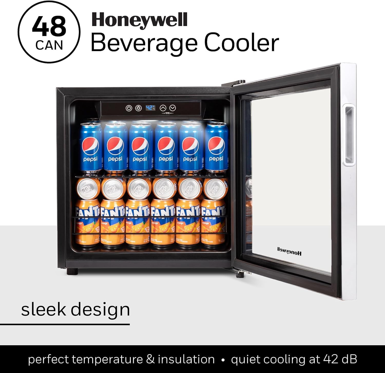 Honeywell Beverage Refrigerator and Cooler, 48 Can Mini Fridge with Glass Door for Soda Beer or Wine for Office or Bar with Adjustable Removable Shelving
