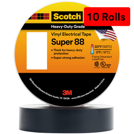 3M Scotch Vinyl Electrical Tape Super 88, 1-1/2 in x 36 yd (108 ft), Black, 1 Long Roll, Premium Grade, Rubber Resin Adhesive, PVC Backing, All-Season Heavy Duty Electric Tape