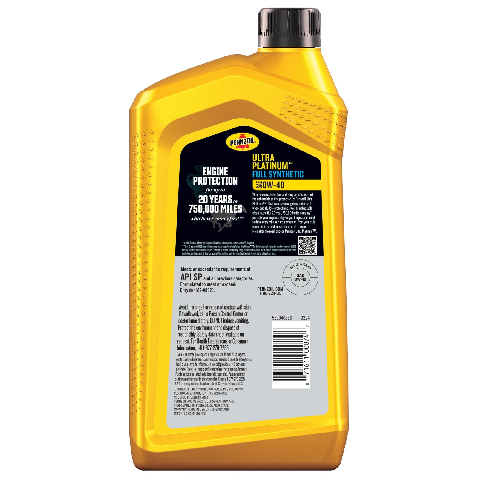 Pennzoil Ultra Platinum Full Synthetic 0W-20 Motor Oil, 1 Quart (6 Pack)