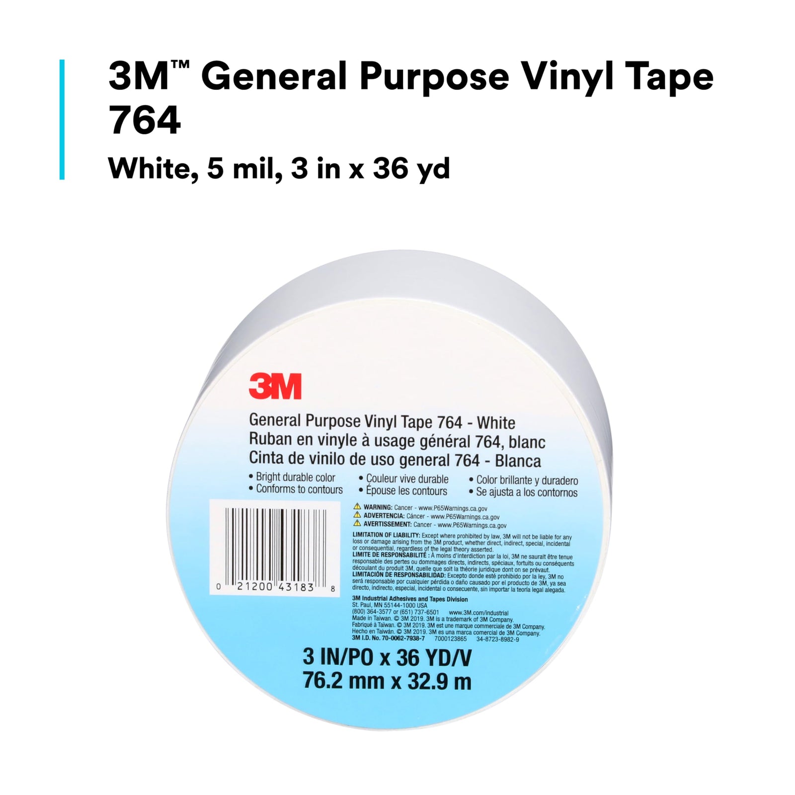 3M Vinyl Tape 764, General Purpose, 2 in x 36 yd, Black, 1 Roll, Light Traffic Floor Marking Tape, Social Distancing, Color Coding, Safety, Bundling