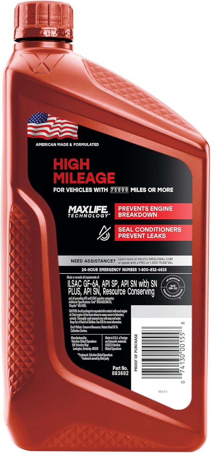 Valvoline Full Synthetic High Mileage with MaxLife Technology SAE 0W-20 Motor Oil 5 QT, Case of 3